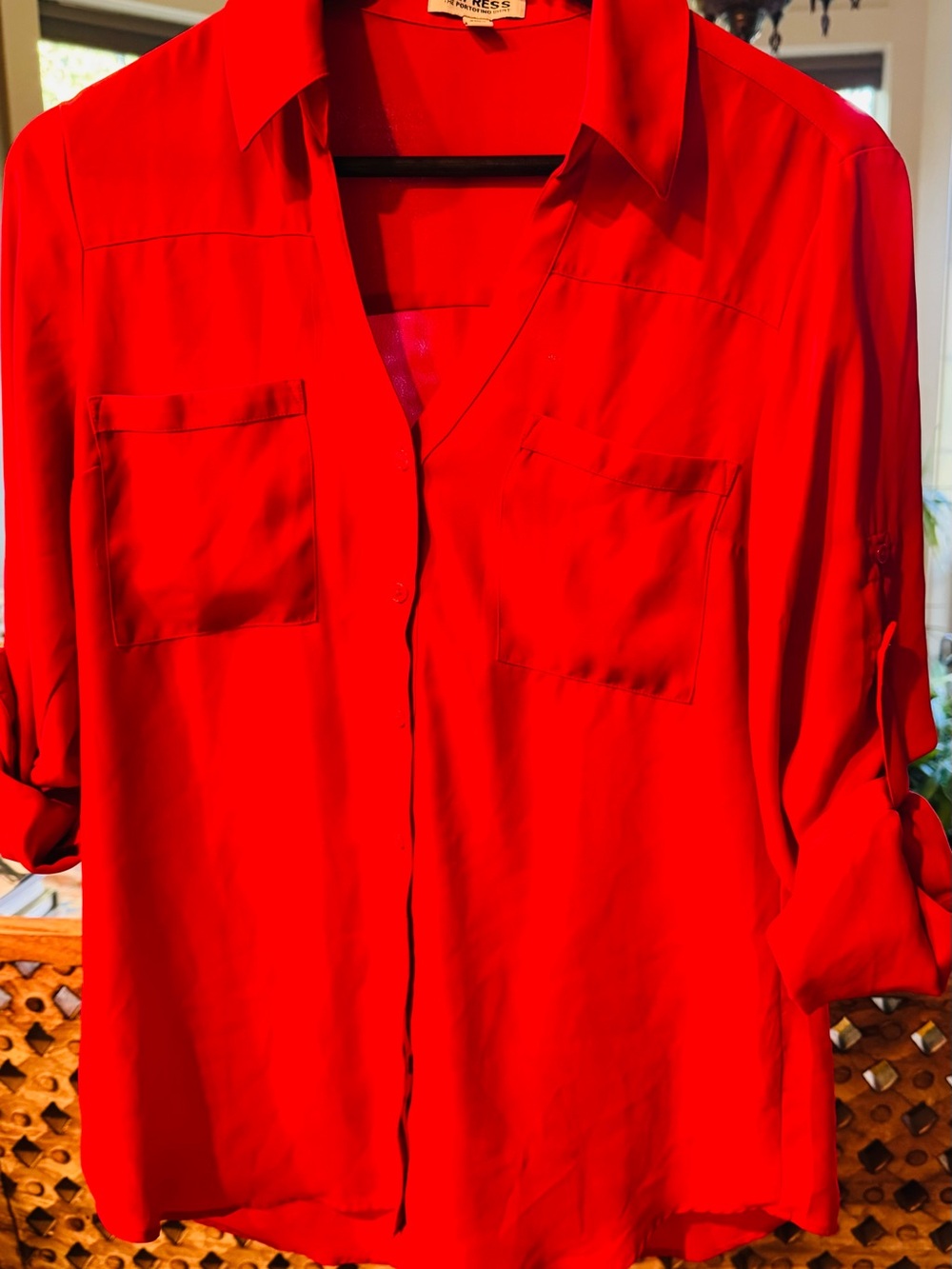 Express Bright Red Long-Sleeve Button Down Shirt